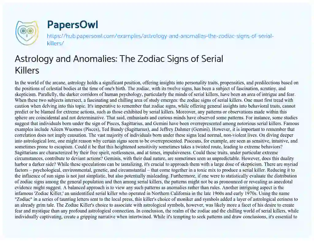 Essay on Astrology and Anomalies: The Zodiac Signs of Serial Killers