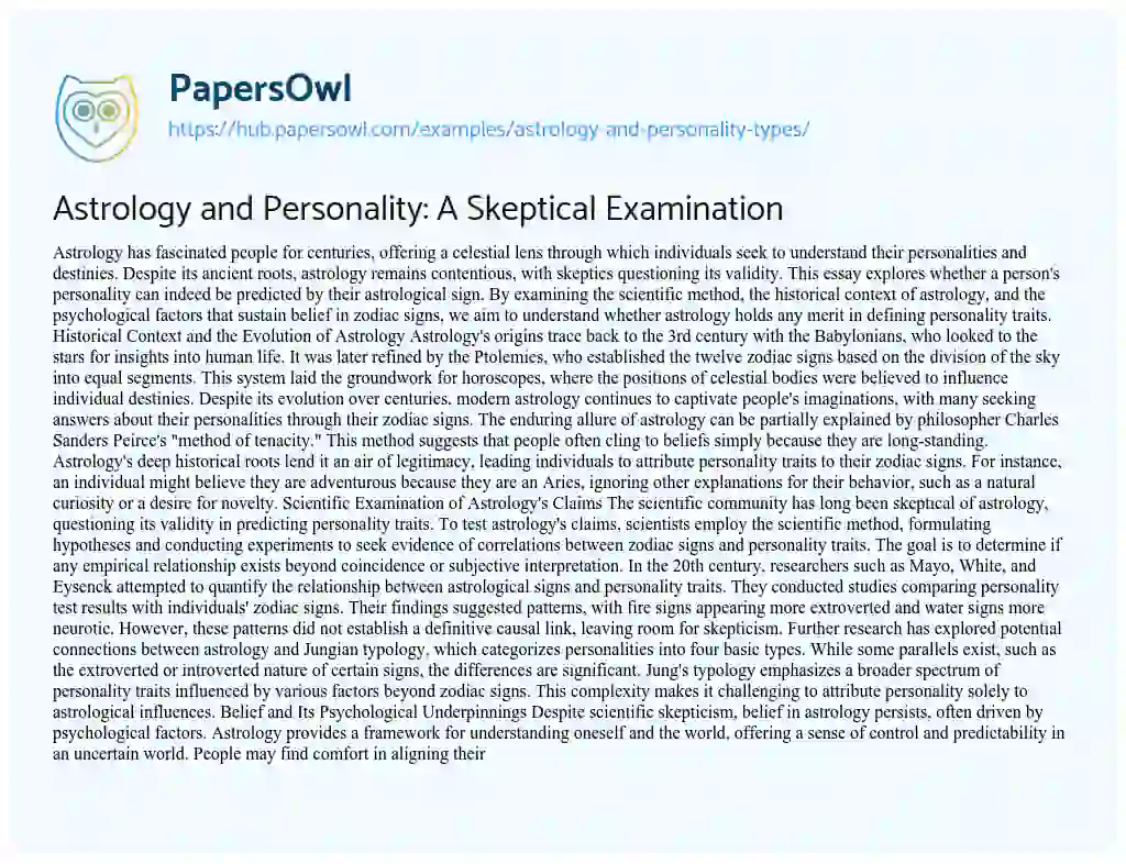 Essay on Astrology and Personality: A Skeptical Examination