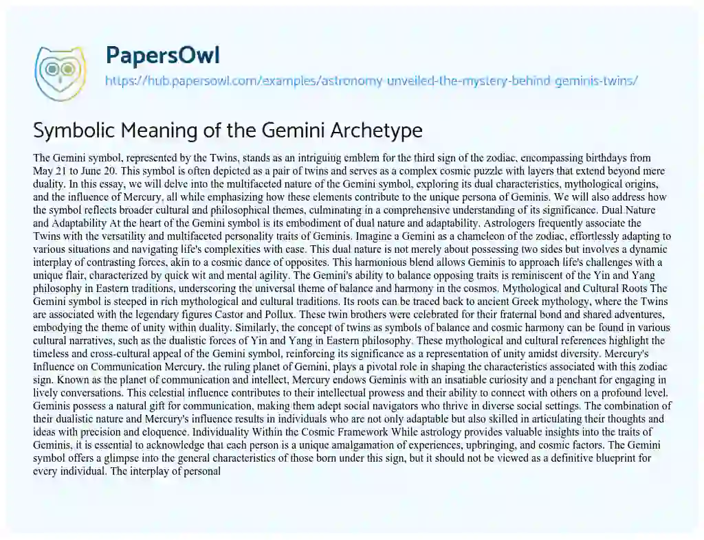 Essay on Symbolic Meaning of the Gemini Archetype