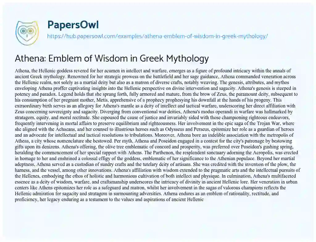 Essay on Athena: Emblem of Wisdom in Greek Mythology