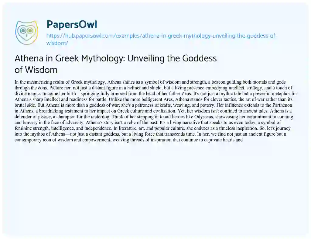 Essay on Athena in Greek Mythology: Unveiling the Goddess of Wisdom
