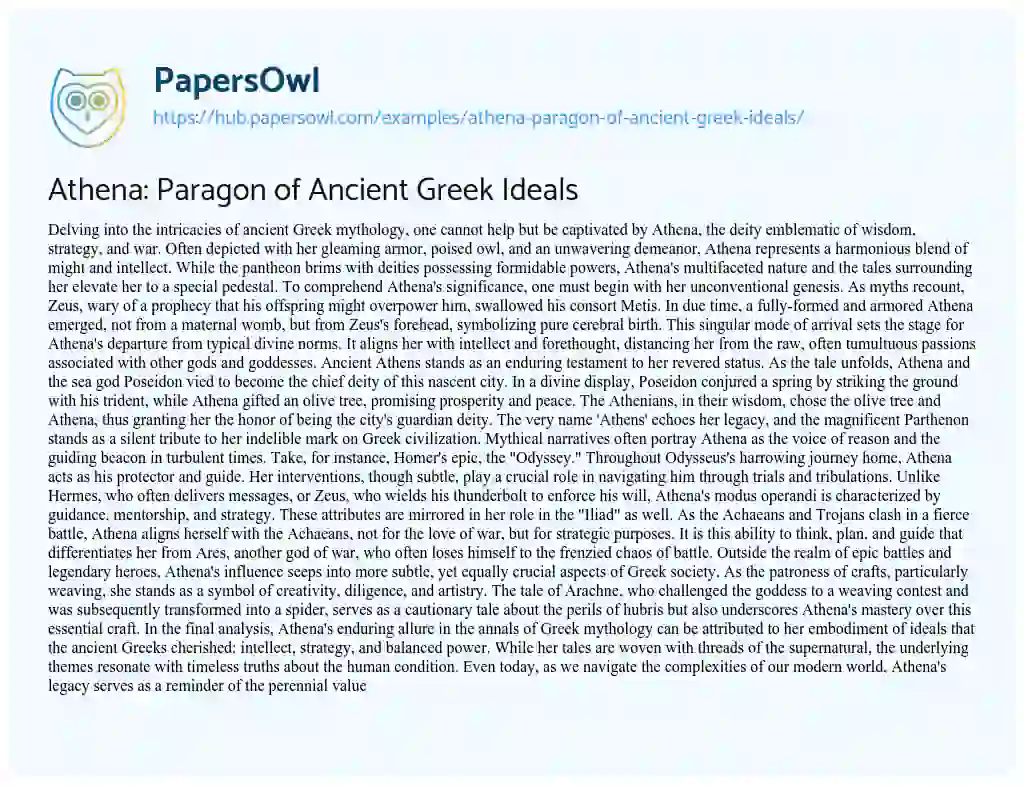 Essay on Athena: Paragon of Ancient Greek Ideals