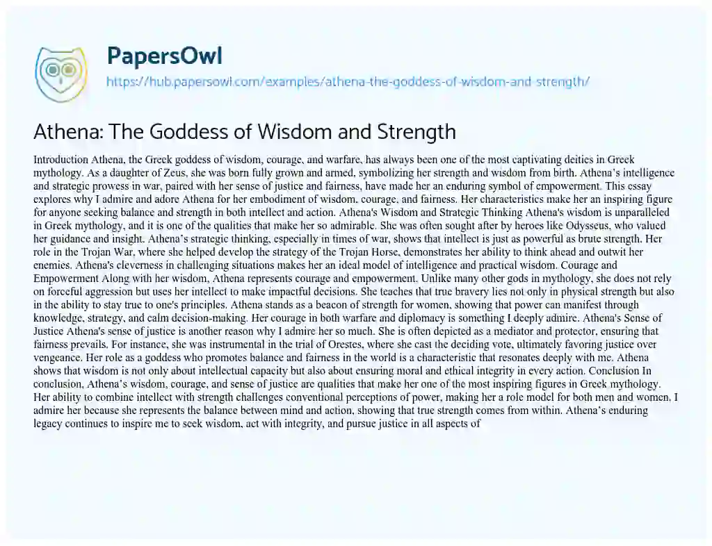 Essay on Athena: The Goddess of Wisdom and Strength