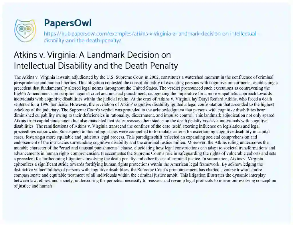 Essay on Atkins v. Virginia: A Landmark Decision on Intellectual Disability and the Death Penalty