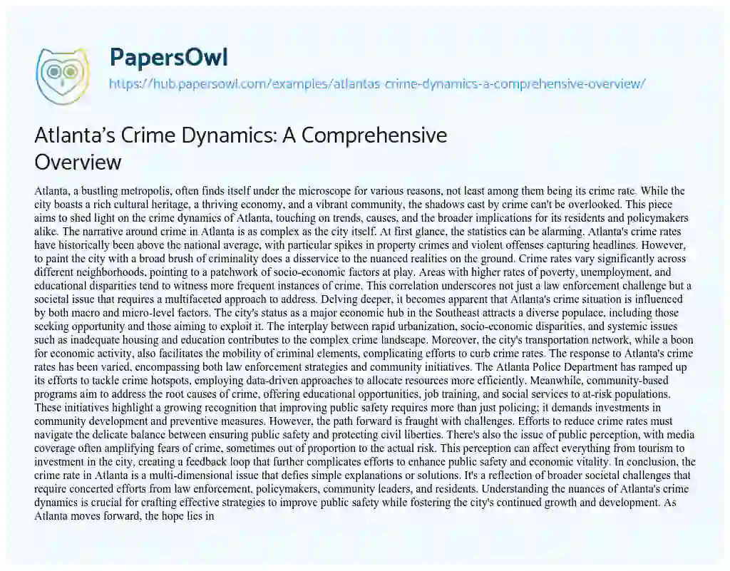Essay on Atlanta’s Crime Dynamics: A Comprehensive Overview