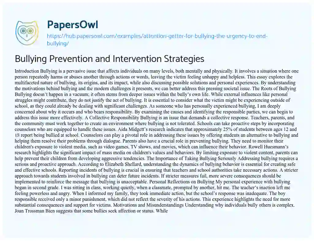 Essay on Bullying Prevention and Intervention Strategies