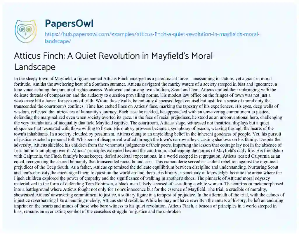 Essay on Atticus Finch: A Quiet Revolution in Mayfield’s Moral Landscape