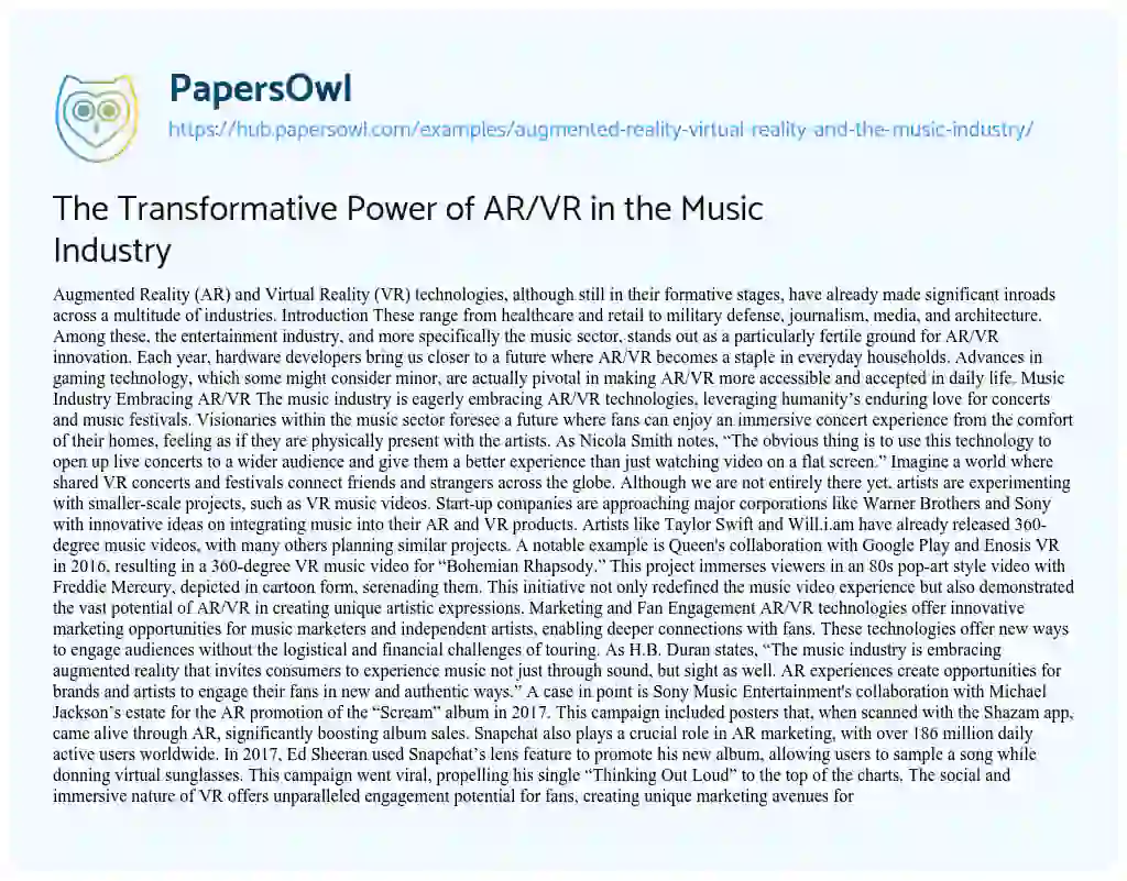 Essay on The Transformative Power of AR/VR in the Music Industry