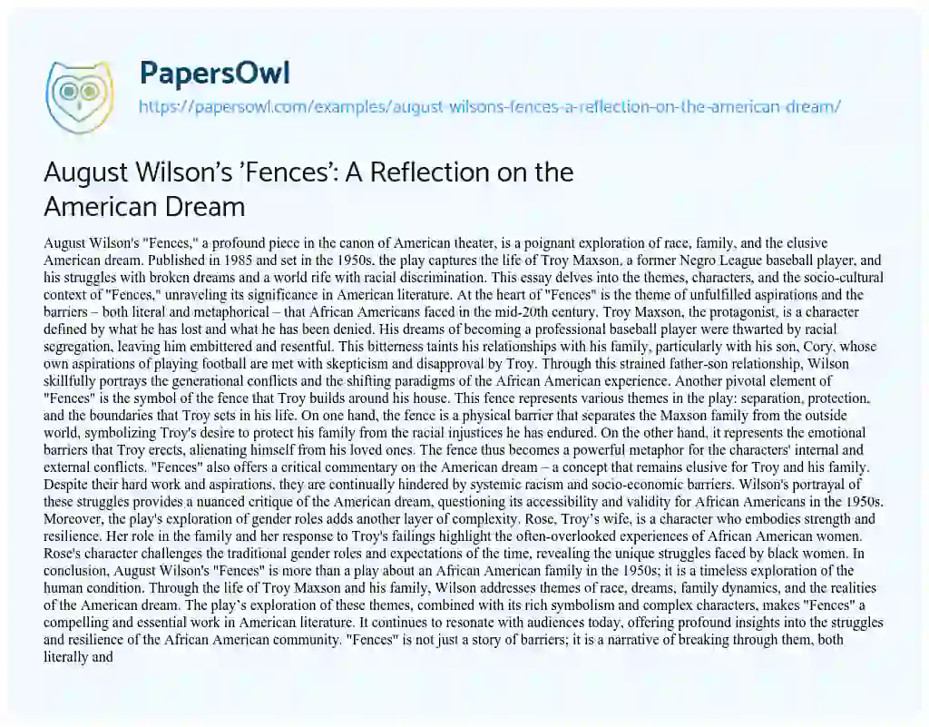 Essay on August Wilson’s ‘Fences’: A Reflection on the American Dream