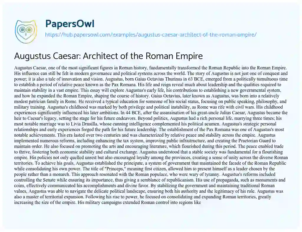 Essay on Augustus Caesar: Architect of the Roman Empire