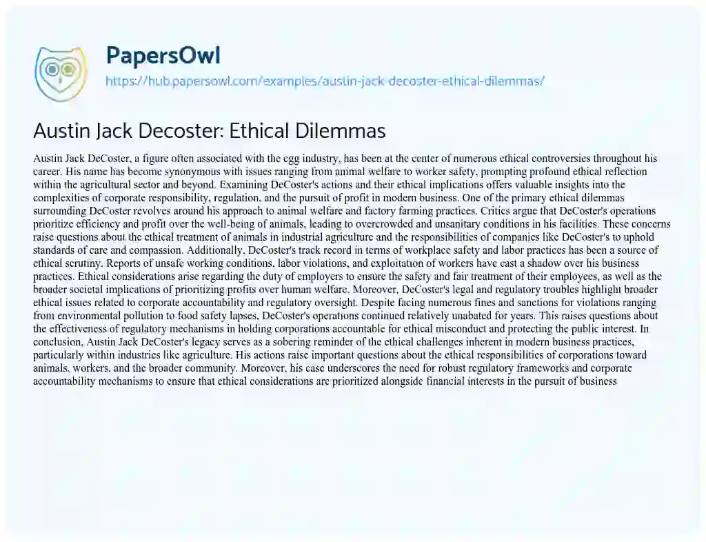 Essay on Austin Jack Decoster: Ethical Dilemmas