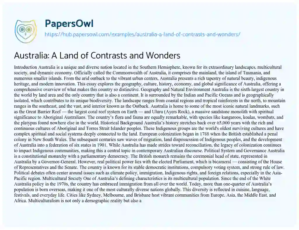 Essay on Australia: A Land of Contrasts and Wonders