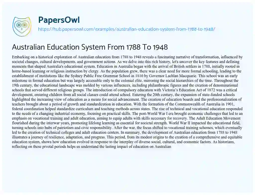 Essay on Australian Education System From 1788 To 1948