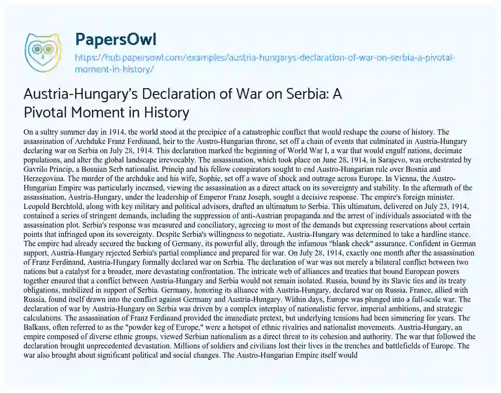 Essay on Austria-Hungary’s Declaration of War on Serbia: A Pivotal Moment in History