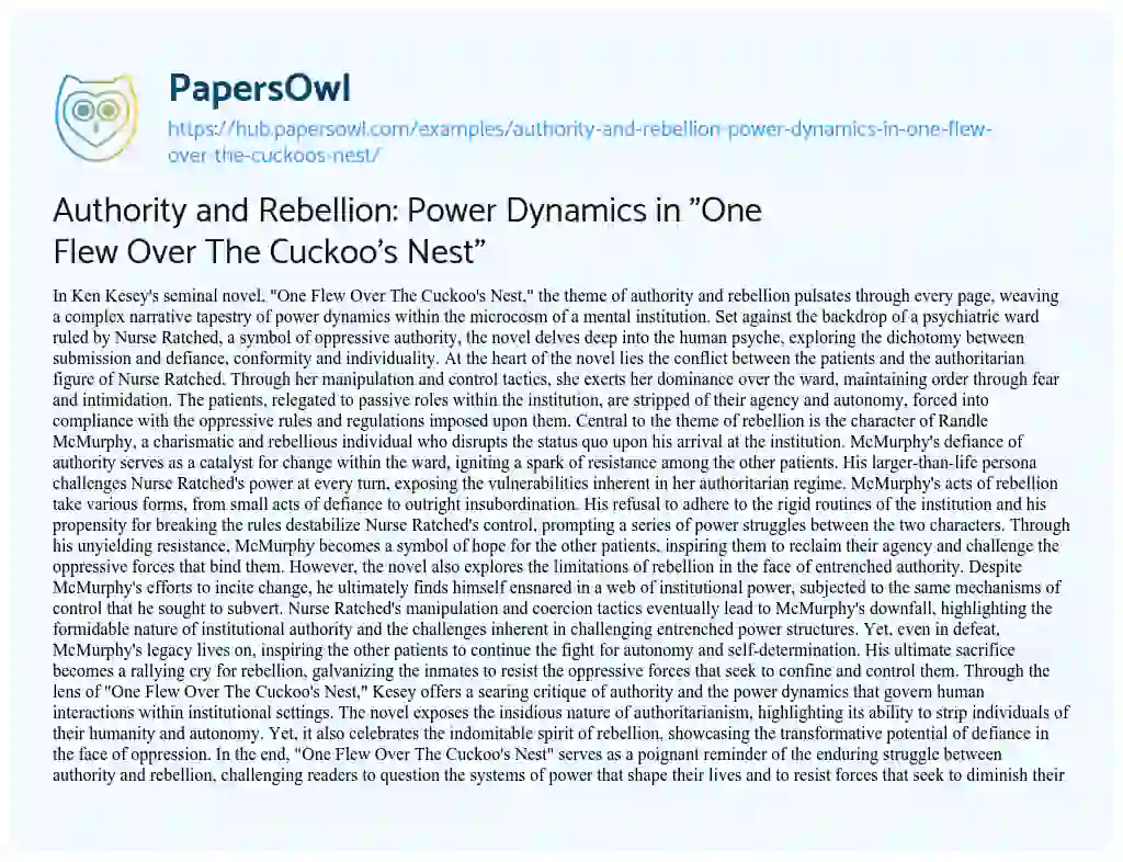 Essay on Authority and Rebellion: Power Dynamics in “One Flew Over The Cuckoo’s Nest”