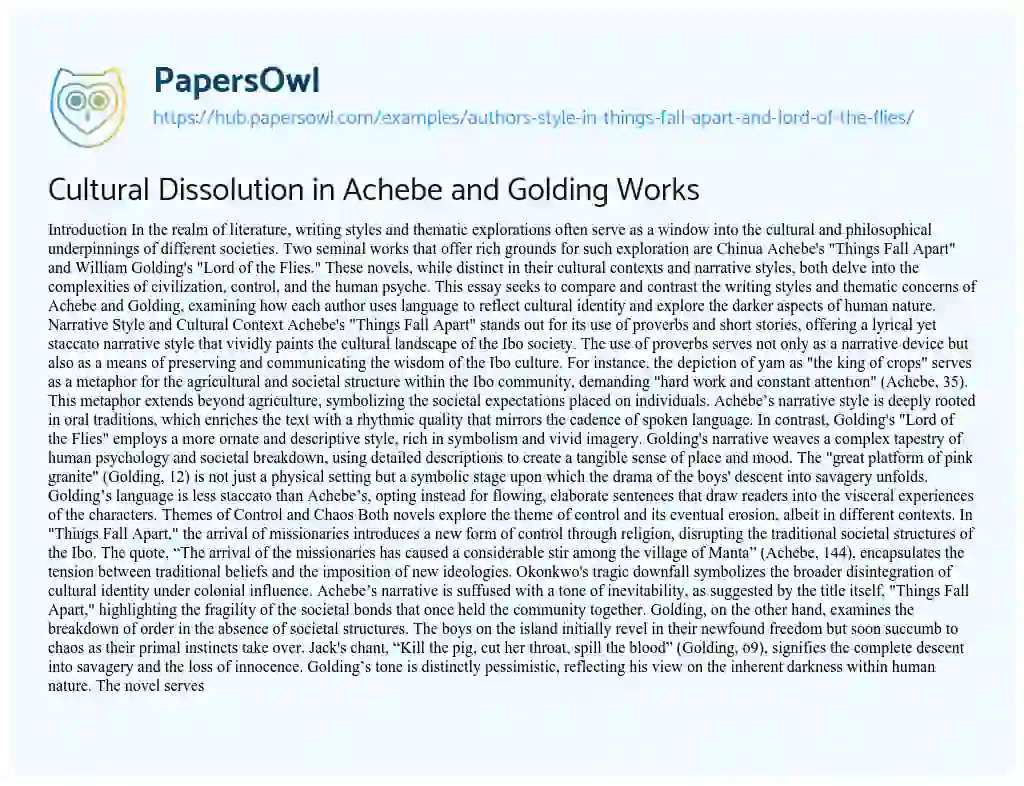 Essay on Cultural Dissolution in Achebe and Golding Works