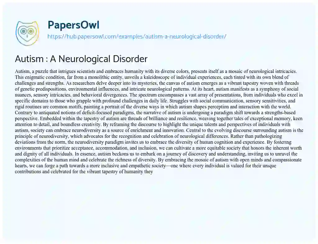 Essay on Autism : A Neurological Disorder