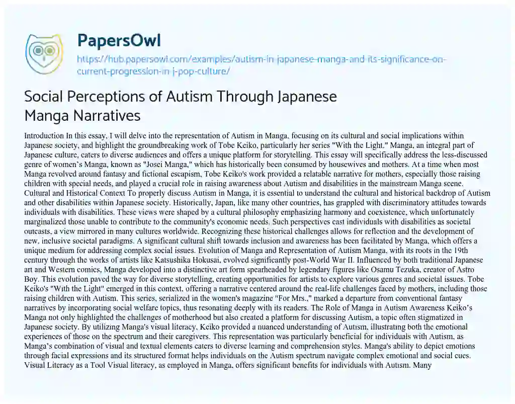Essay on Social Perceptions of Autism Through Japanese Manga Narratives