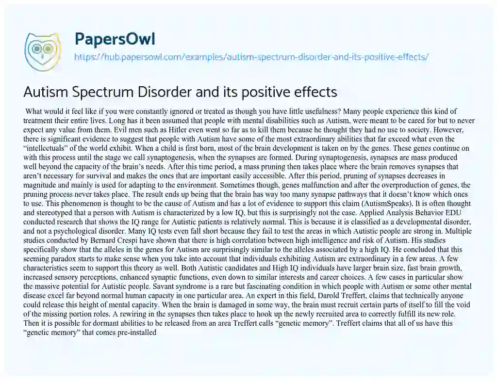 Essay on Autism Spectrum Disorder and its positive effects