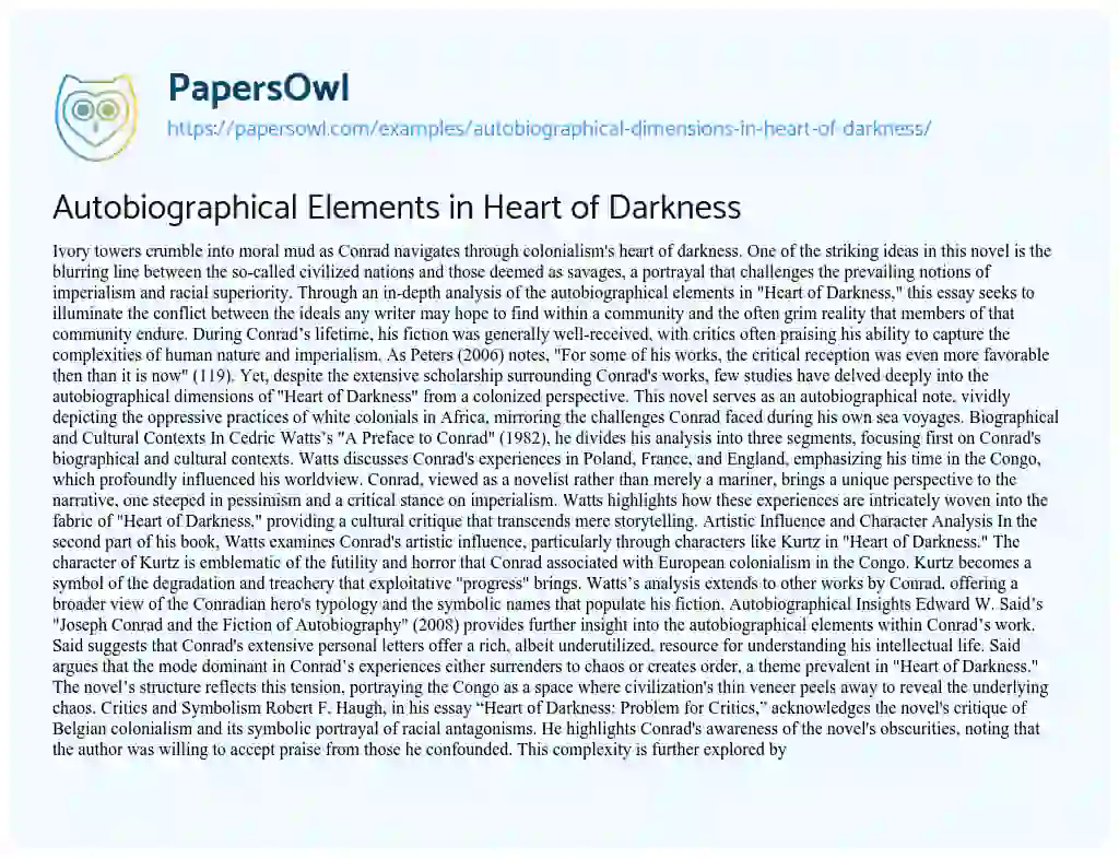 Essay on Autobiographical Elements in Heart of Darkness