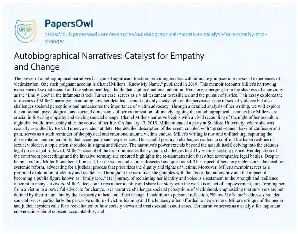 Essay on Autobiographical Narratives: Catalyst for Empathy and Change