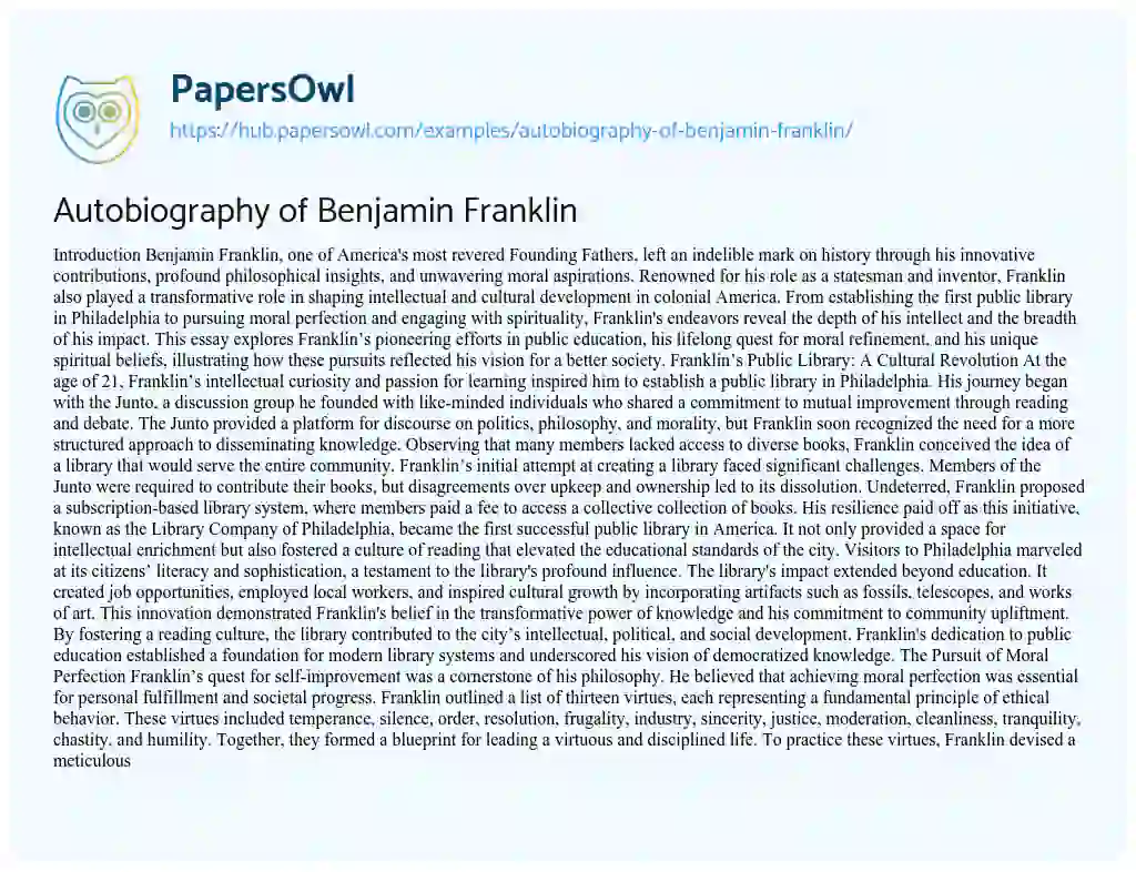 Essay on Autobiography of Benjamin Franklin