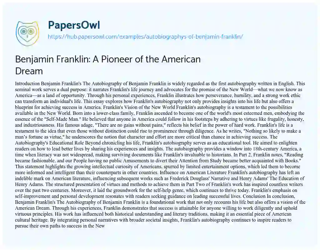 Essay on Benjamin Franklin: A Pioneer of the American Dream