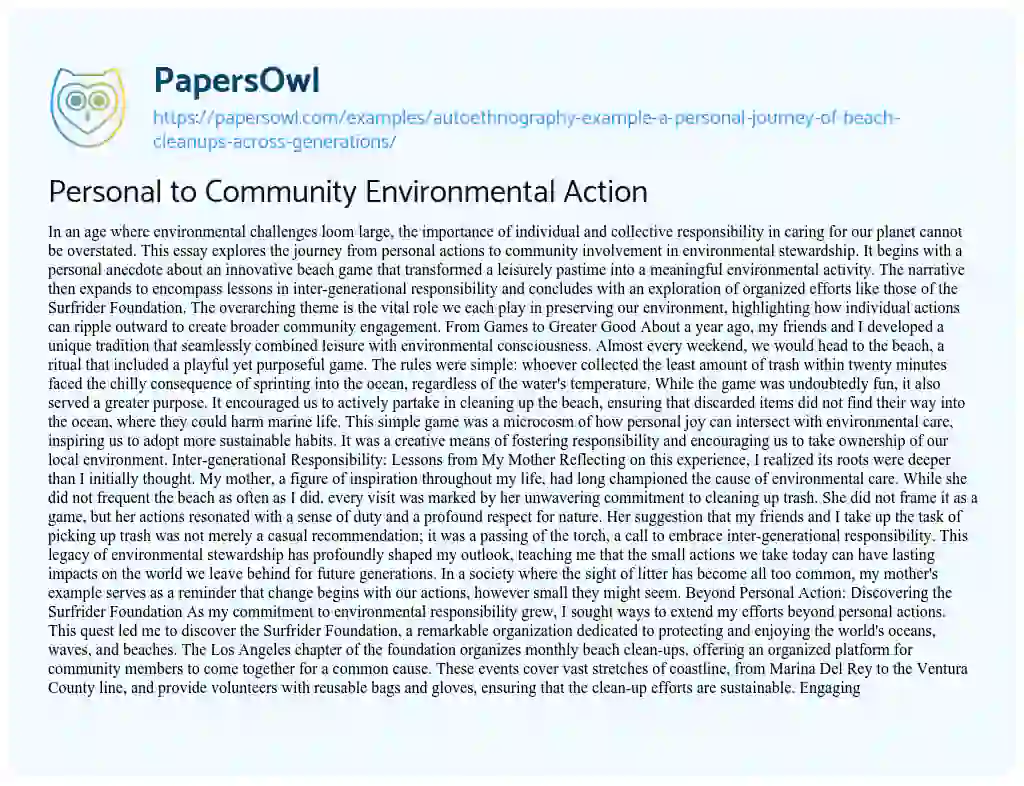 Essay on Personal to Community Environmental Action