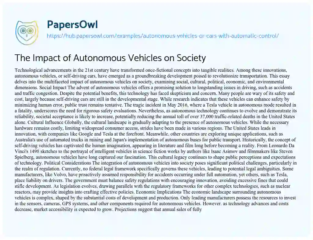 Essay on The Impact of Autonomous Vehicles on Society