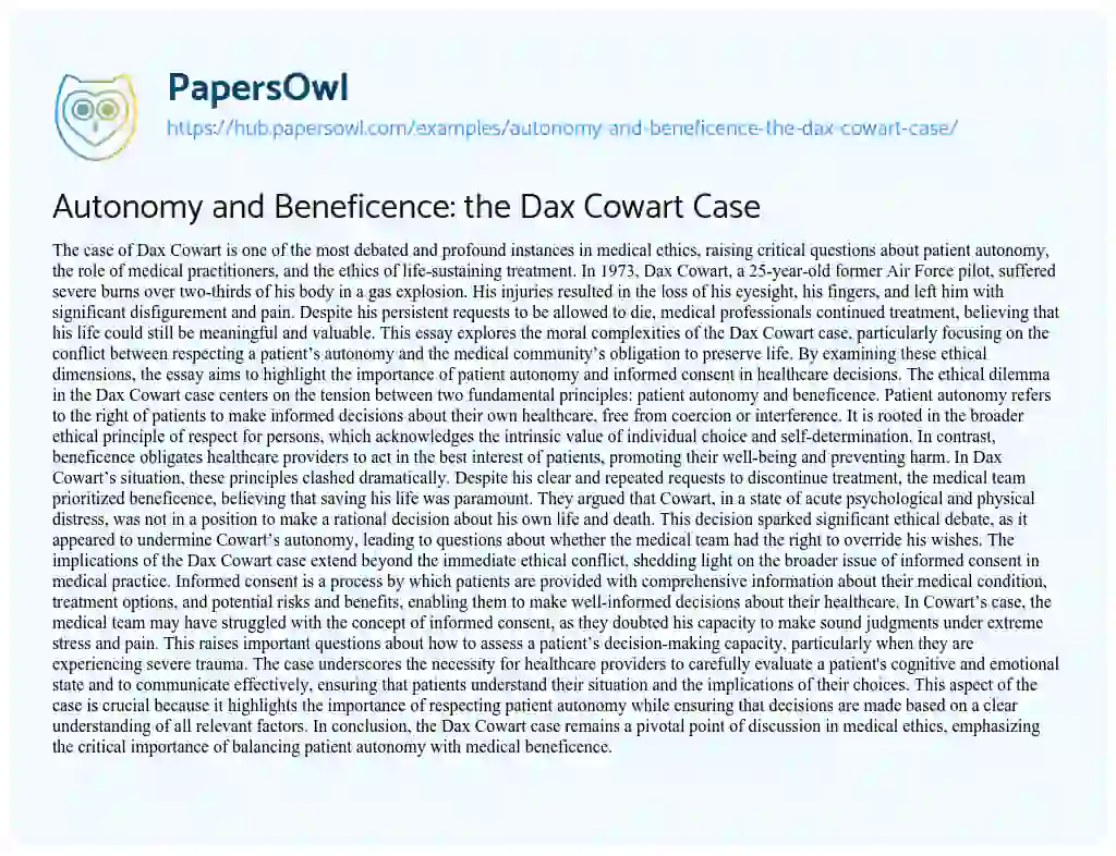 Essay on Autonomy and Beneficence: the Dax Cowart Case