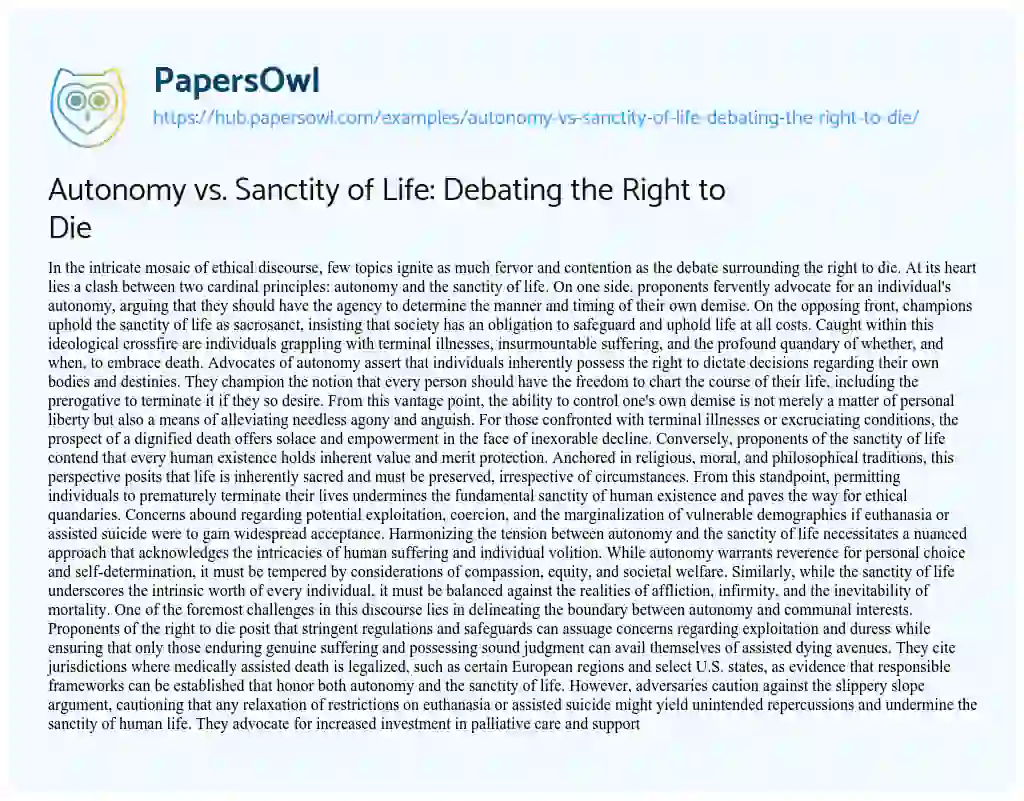 Essay on Autonomy vs. Sanctity of Life: Debating the Right to Die