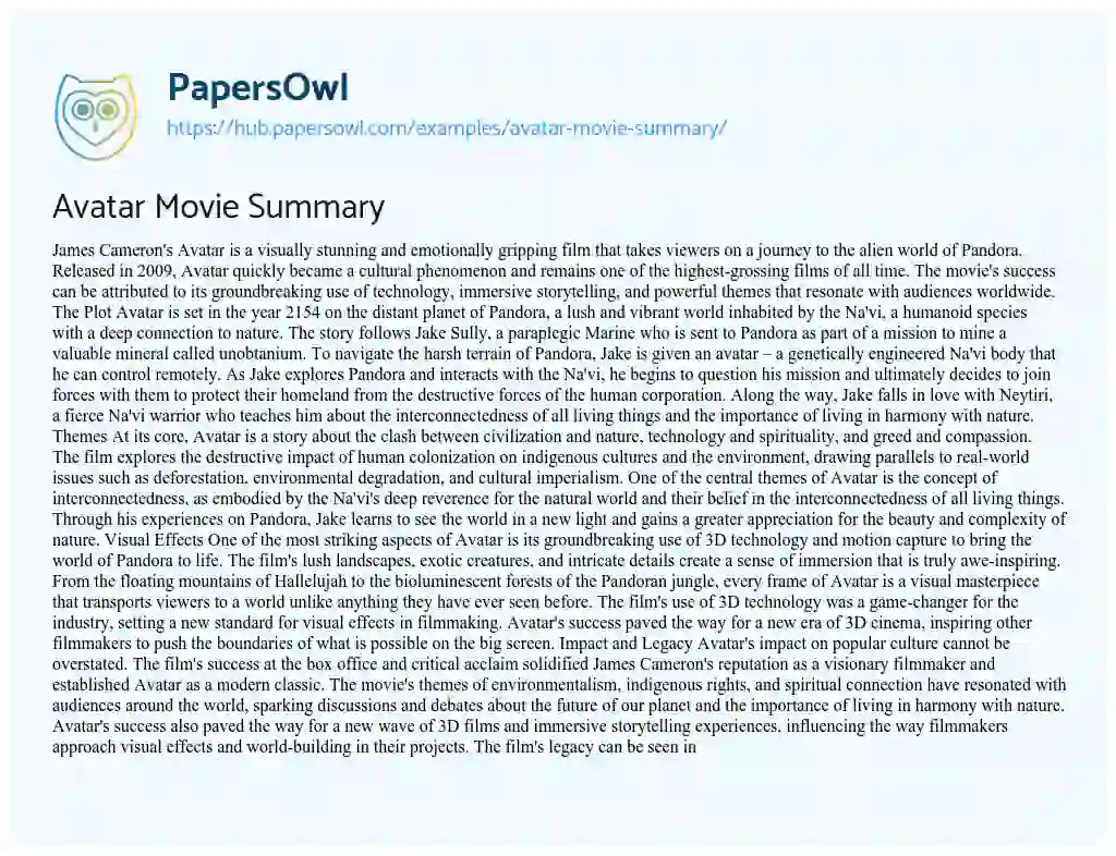 Essay on Avatar Movie Summary