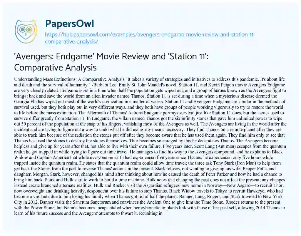 Essay on ‘Avengers: Endgame’ Movie Review and ‘Station 11’: Comparative Analysis