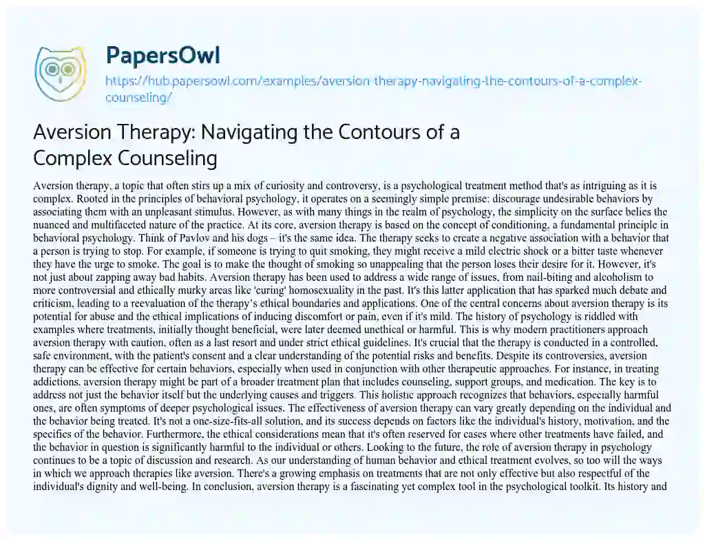 Essay on Aversion Therapy: Navigating the Contours of a Complex Counseling