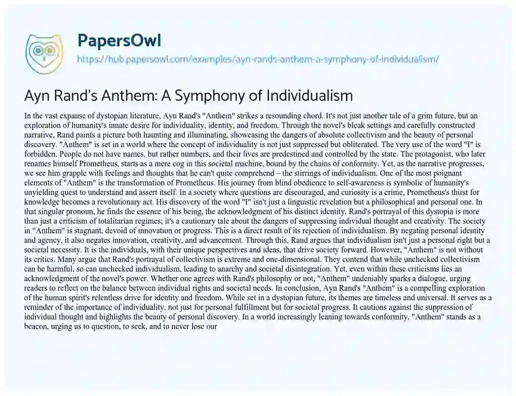 Essay on Ayn Rand’s Anthem: A Symphony of Individualism