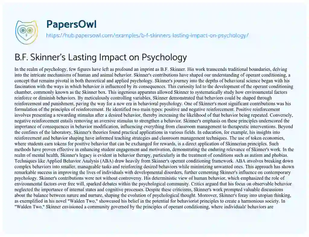 Essay on B.F. Skinner’s Lasting Impact on Psychology
