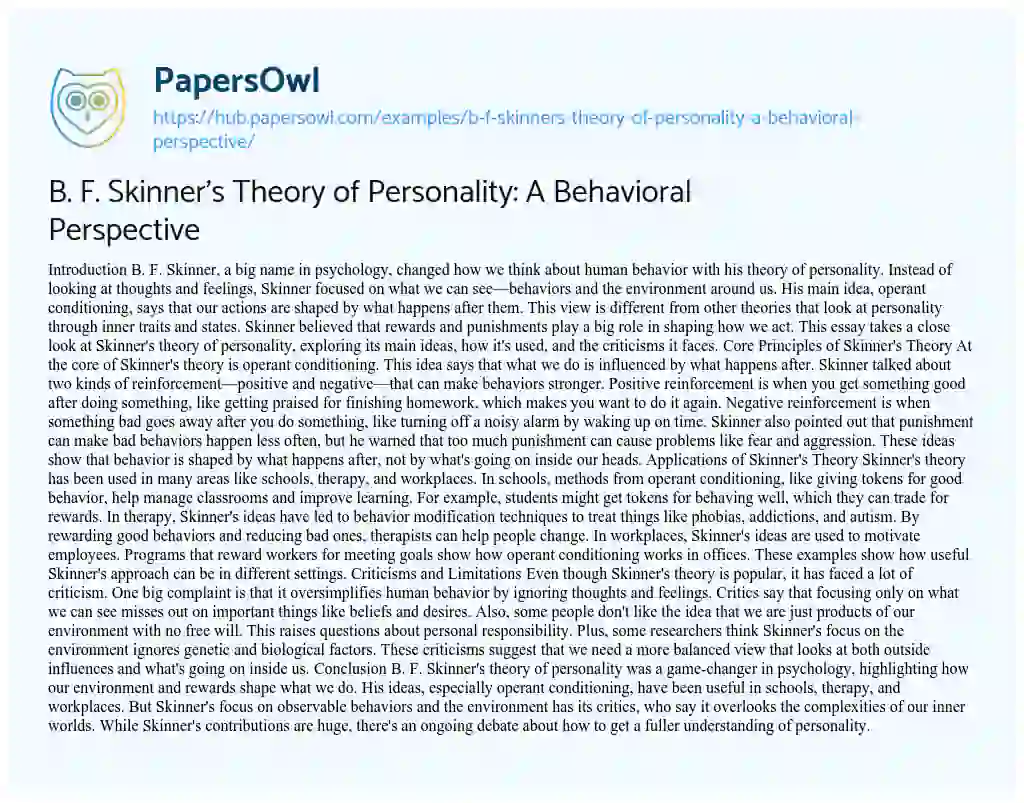 Essay on B. F. Skinner’s Theory of Personality: A Behavioral Perspective