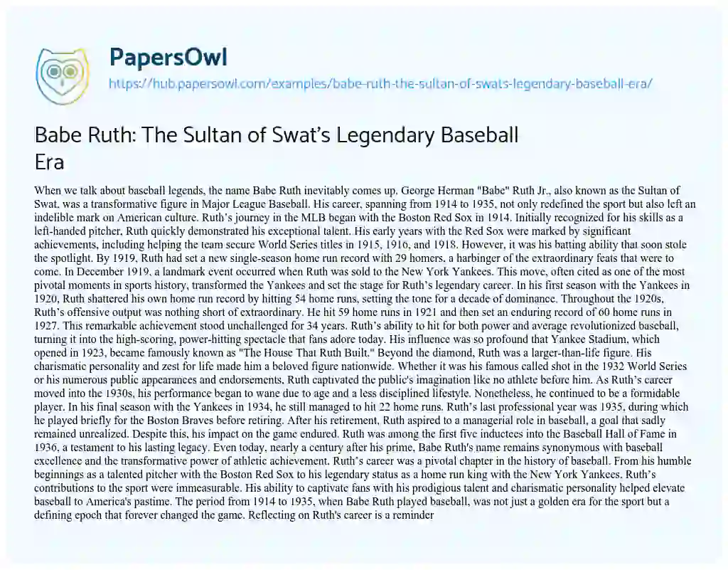 Essay on Babe Ruth: The Sultan of Swat’s Legendary Baseball Era