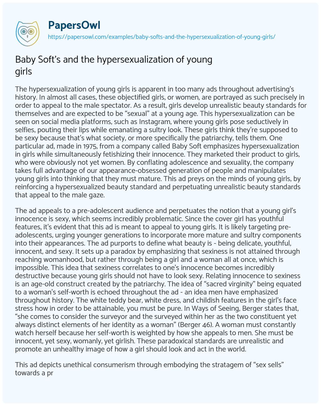 Essay on Baby Soft’s and the hypersexualization of young girls