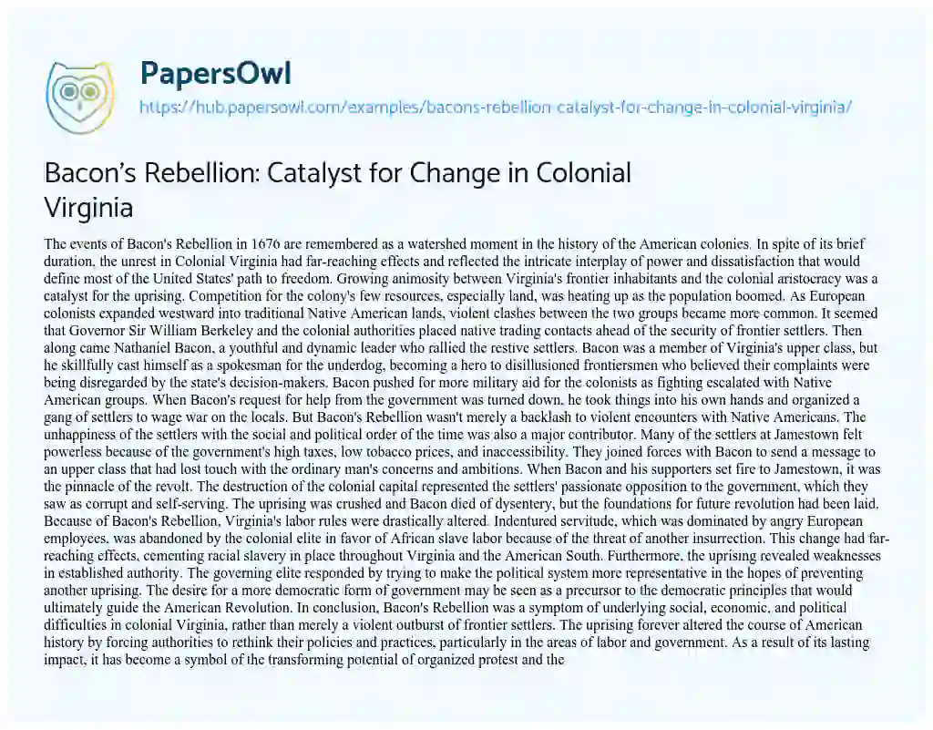 Essay on Bacon’s Rebellion: Catalyst for Change in Colonial Virginia