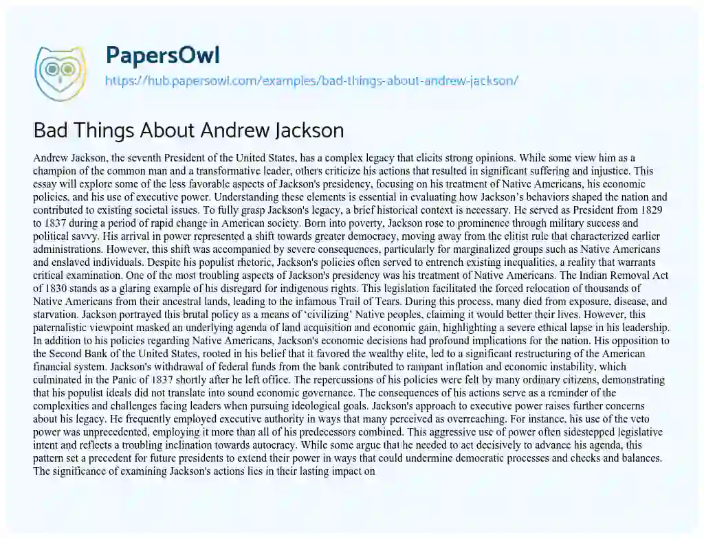 Essay on Bad Things About Andrew Jackson