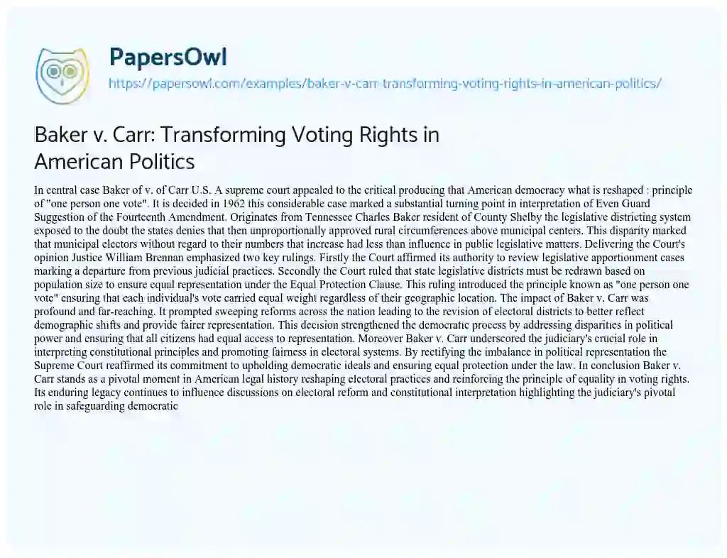 Essay on Baker v. Carr: Transforming Voting Rights in American Politics