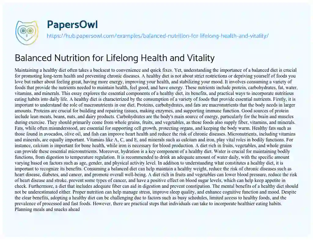 Essay on Balanced Nutrition for Lifelong Health and Vitality