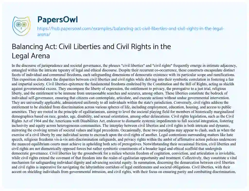 Essay on Balancing Act: Civil Liberties and Civil Rights in the Legal Arena