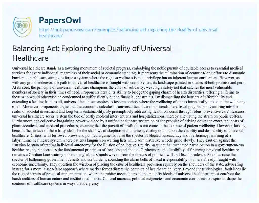 Essay on Balancing Act: Exploring the Duality of Universal Healthcare