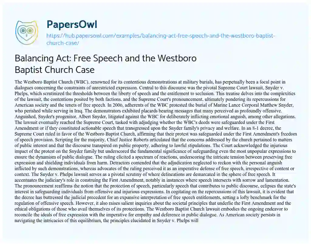 Essay on Balancing Act: Free Speech and the Westboro Baptist Church Case