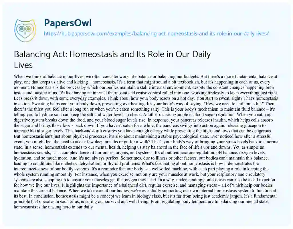 Essay on Balancing Act: Homeostasis and Its Role in Our Daily Lives