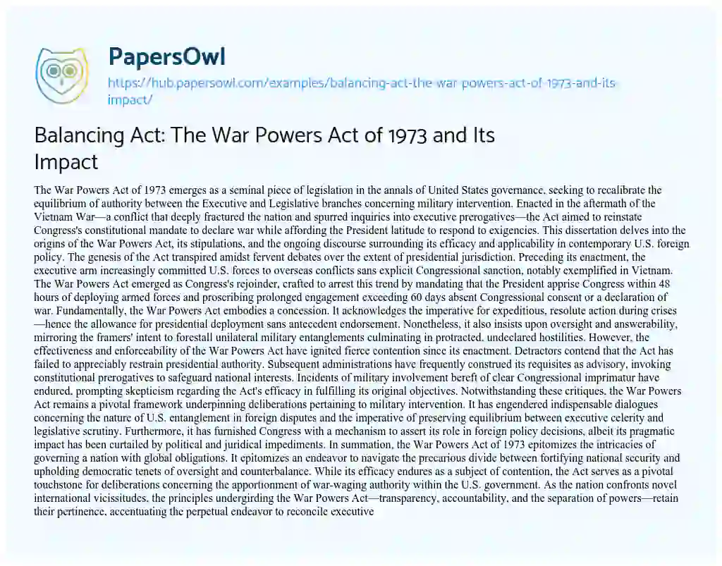 Essay on Balancing Act: The War Powers Act of 1973 and Its Impact