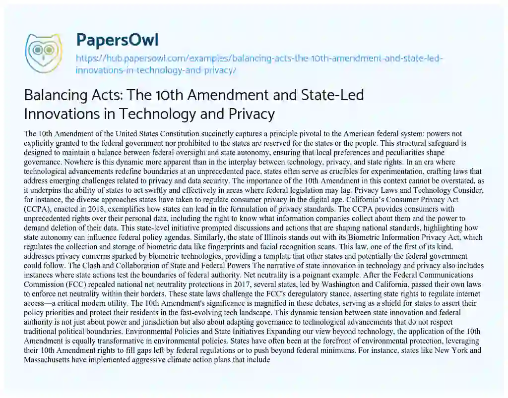 Essay on Balancing Acts: The 10th Amendment and State-Led Innovations in Technology and Privacy