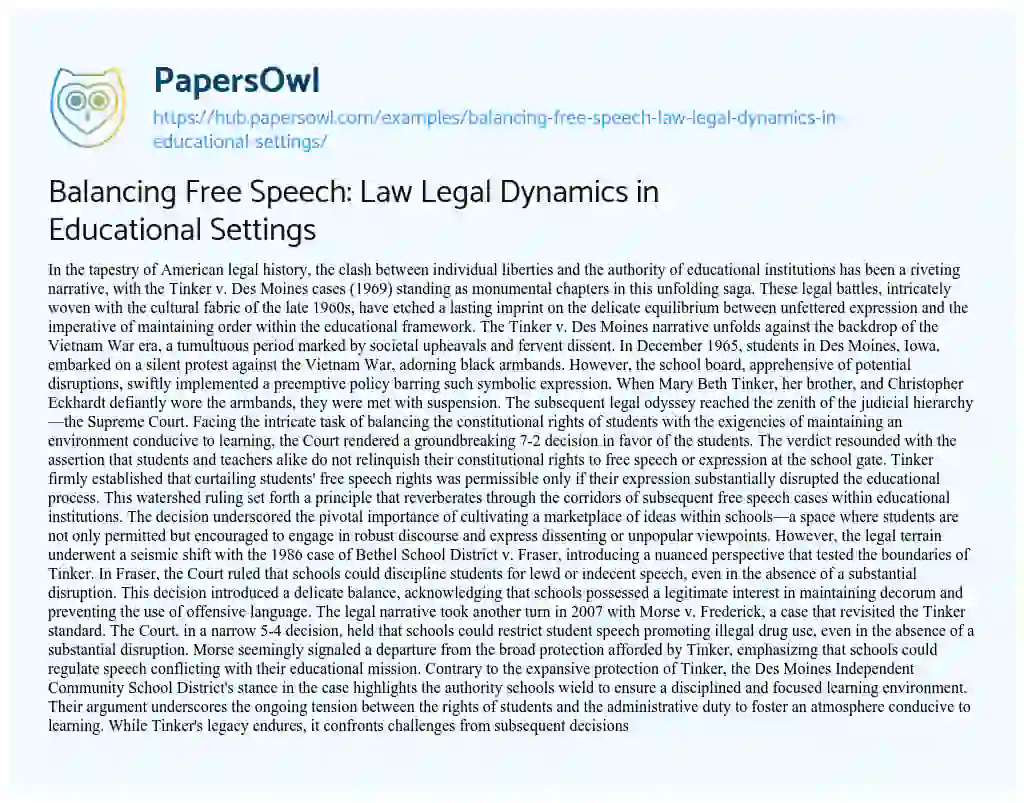 Essay on Balancing Free Speech: Law Legal Dynamics in Educational Settings
